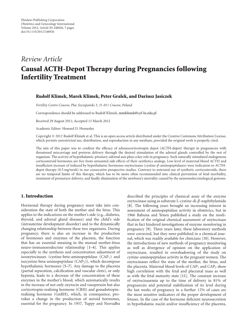 Review Article Causal ACTH-Depot Therapy During Pregnancies Following Infertility Treatment