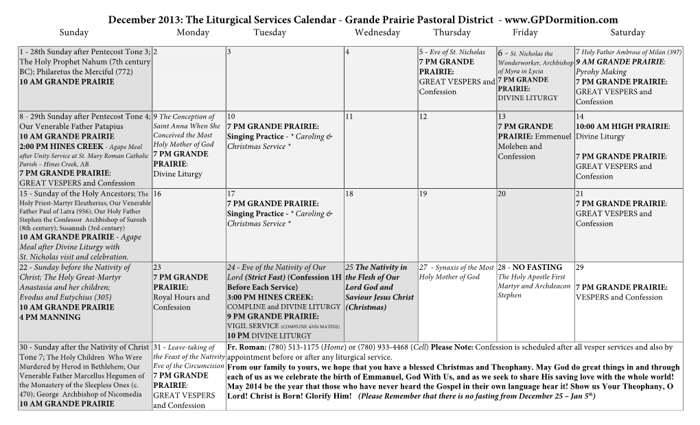 December 2013: the Liturgical Services Calendar - Grande Prairie Pastoral District - Sunday Monday Tuesday Wednesday Thursday Friday Saturday