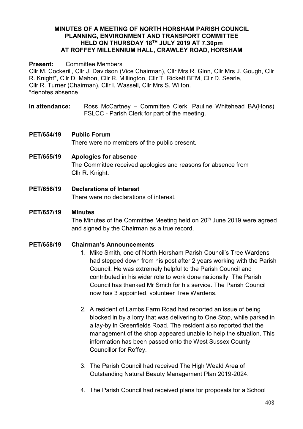 408 Minutes of a Meeting of North Horsham Parish