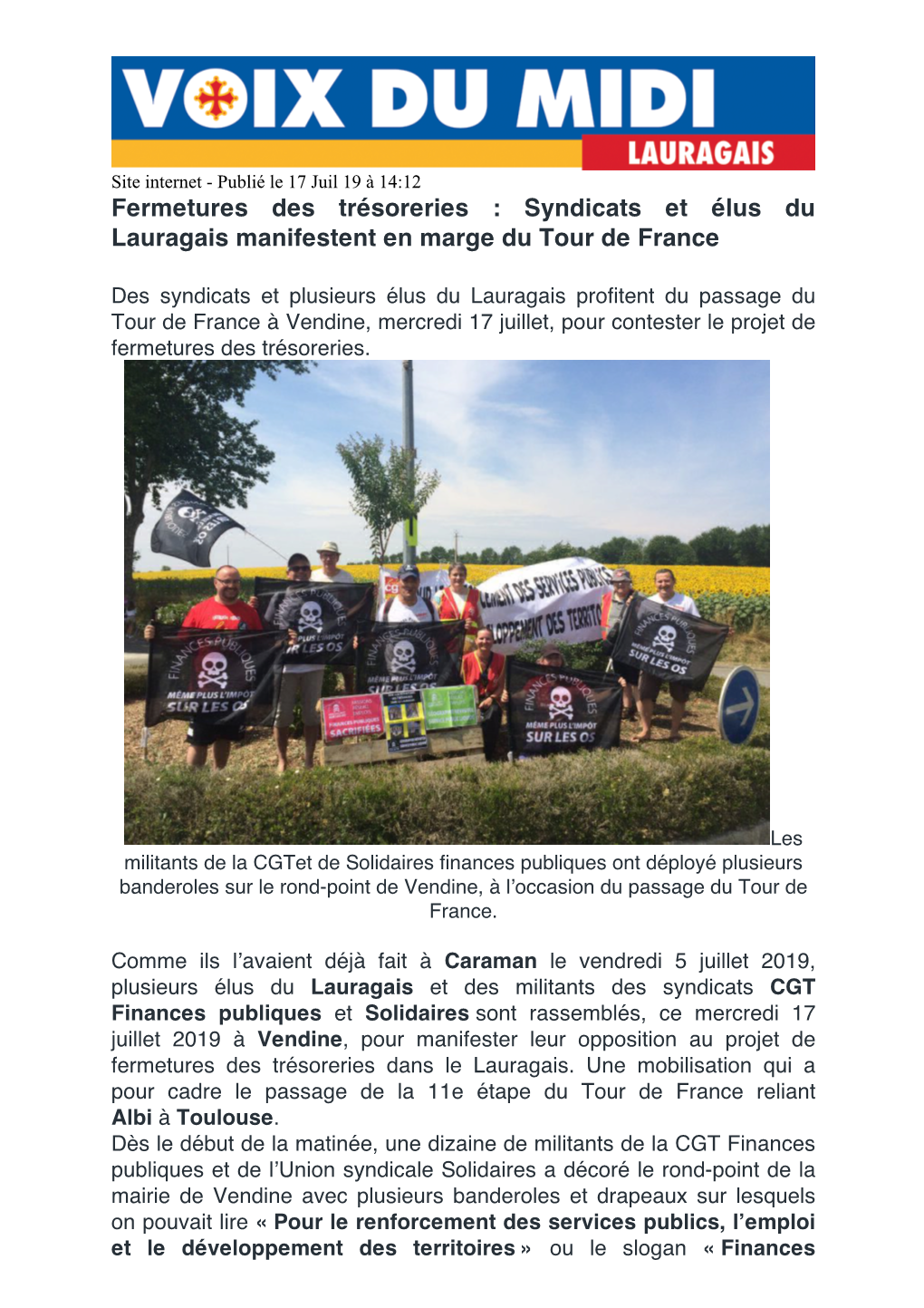 Fermetures Des Trésoreries : Syndicats Et Élus Du Lauragais Manifestent En Marge Du Tour De France