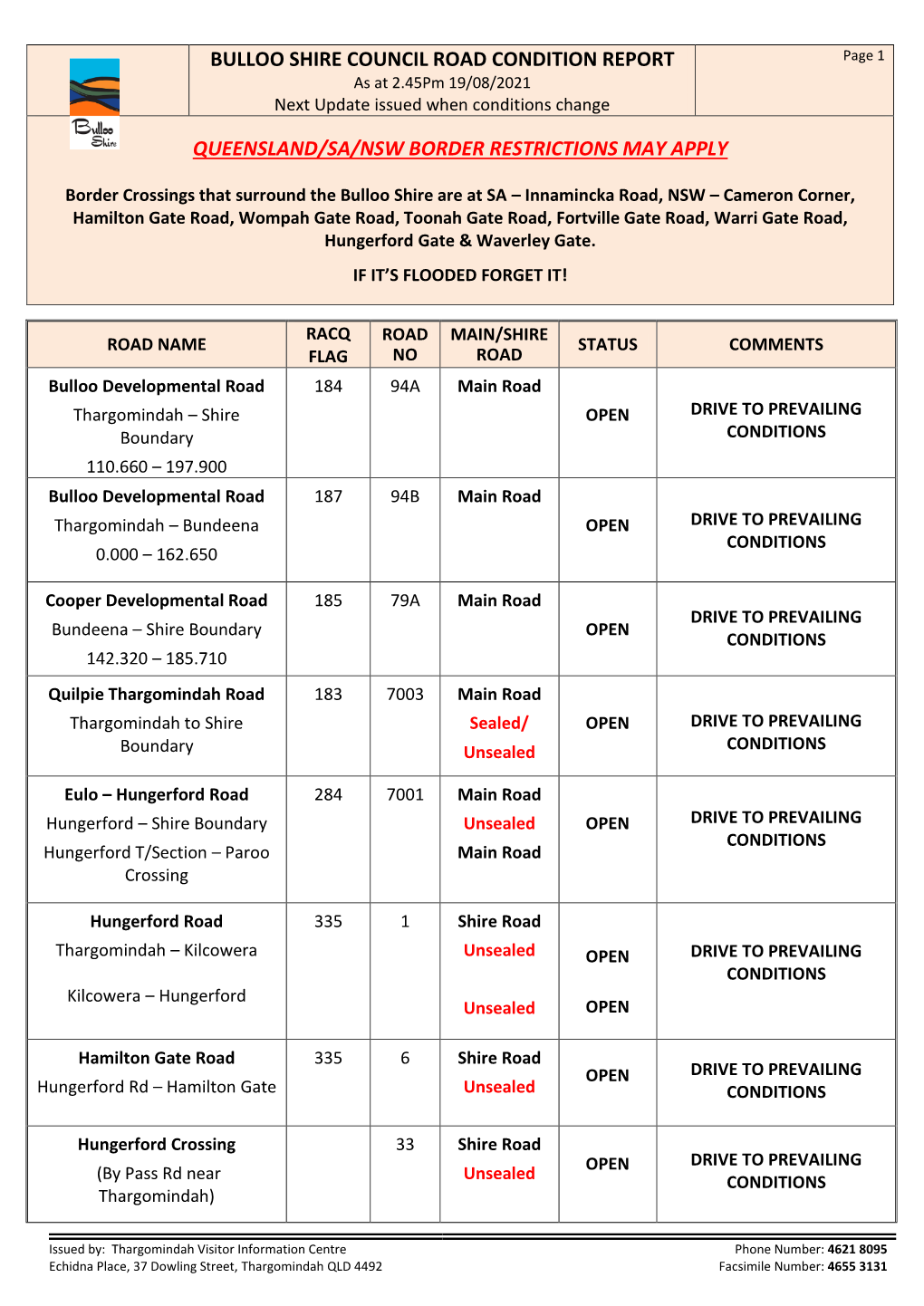 BULLOO SHIRE COUNCIL ROAD CONDITION REPORT Page 1 As at 2.45Pm 19/08/2021 Next Update Issued When Conditions Change