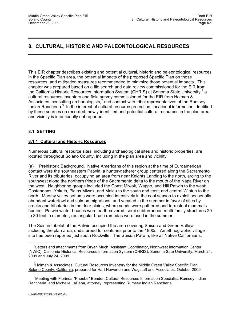 8. Cultural, Historic and Paleontological Resources December 23, 2009 Page 8-1