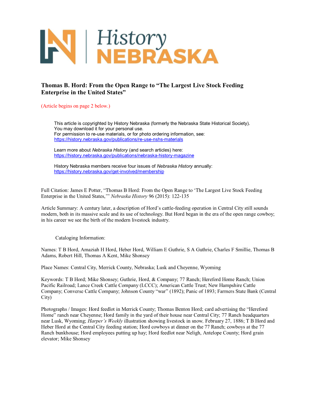 Thomas B. Hord: from the Open Range to “The Largest Live Stock Feeding Enterprise in the United States”