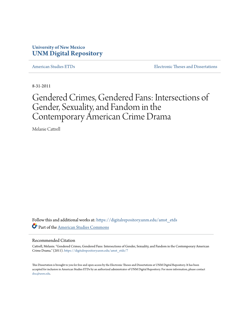 Intersections of Gender, Sexuality, and Fandom in the Contemporary American Crime Drama Melanie Cattrell