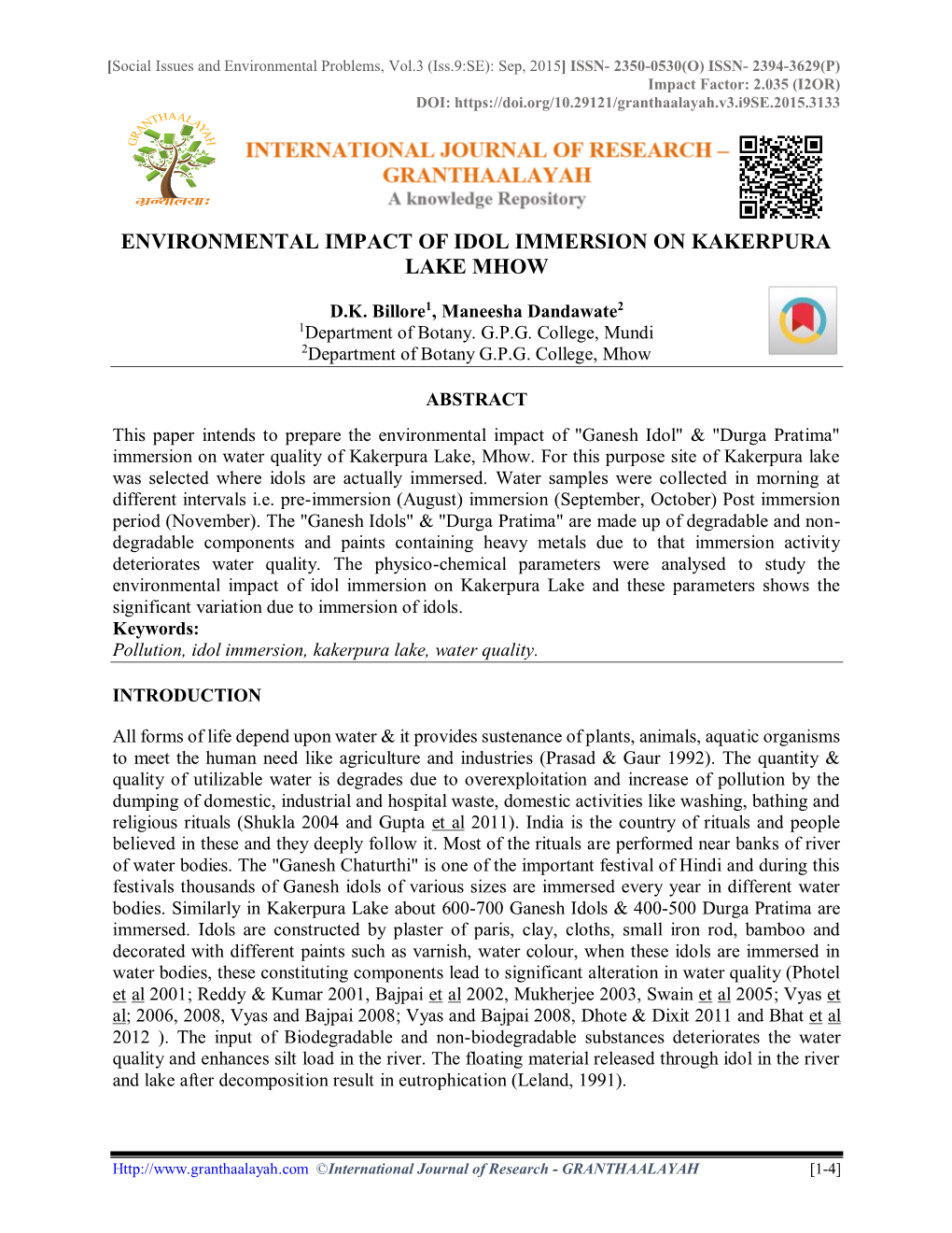 Environmental Impact of Idol Immersion on Kakerpura Lake Mhow