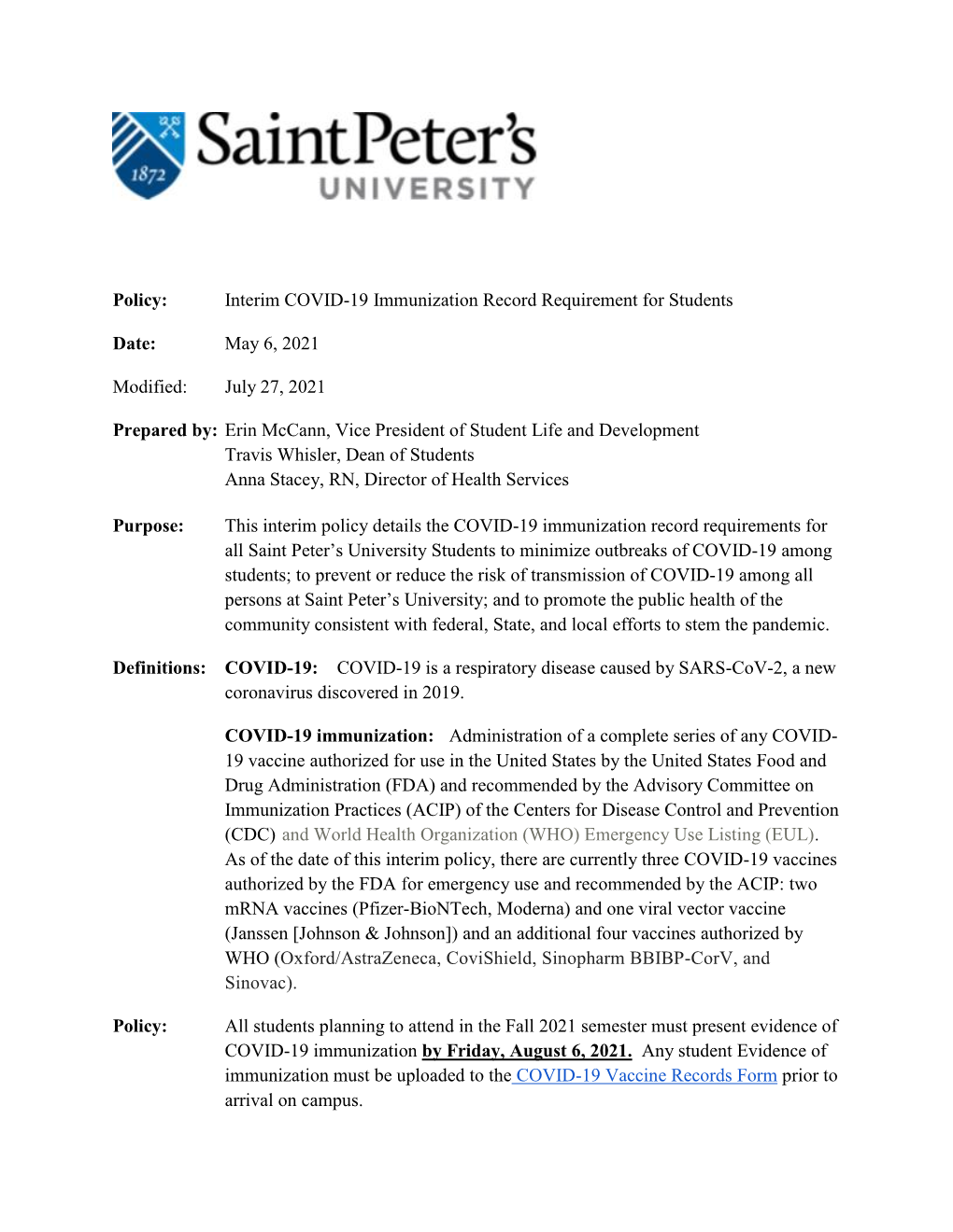 Interim COVID 19 Immunization Record Requirement for Students