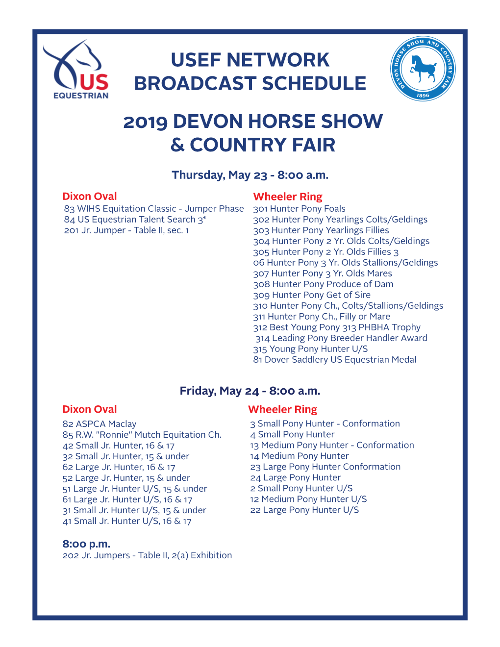 Broadcast Schedule 2019 Devon Horse Show & Country Fair