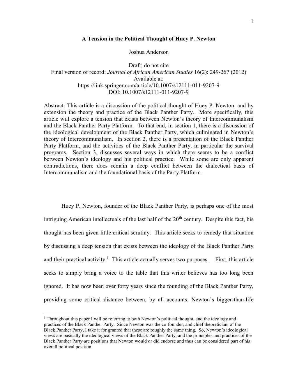 1 a Tension in the Political Thought of Huey P. Newton Joshua Anderson