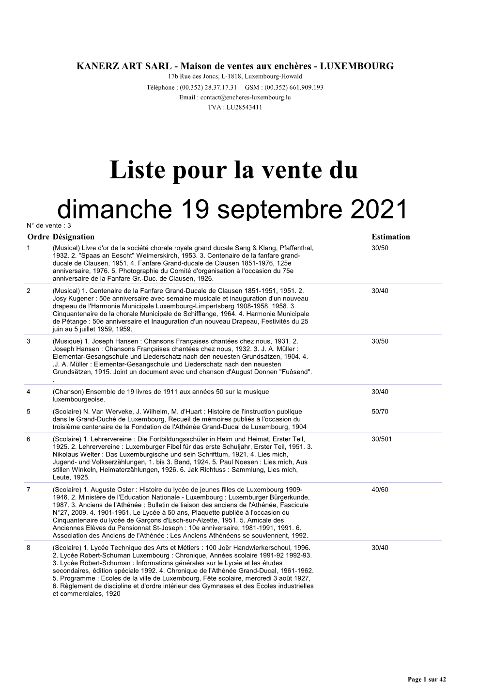 Liste Pour La Vente Du Dimanche 19 Septembre 2021