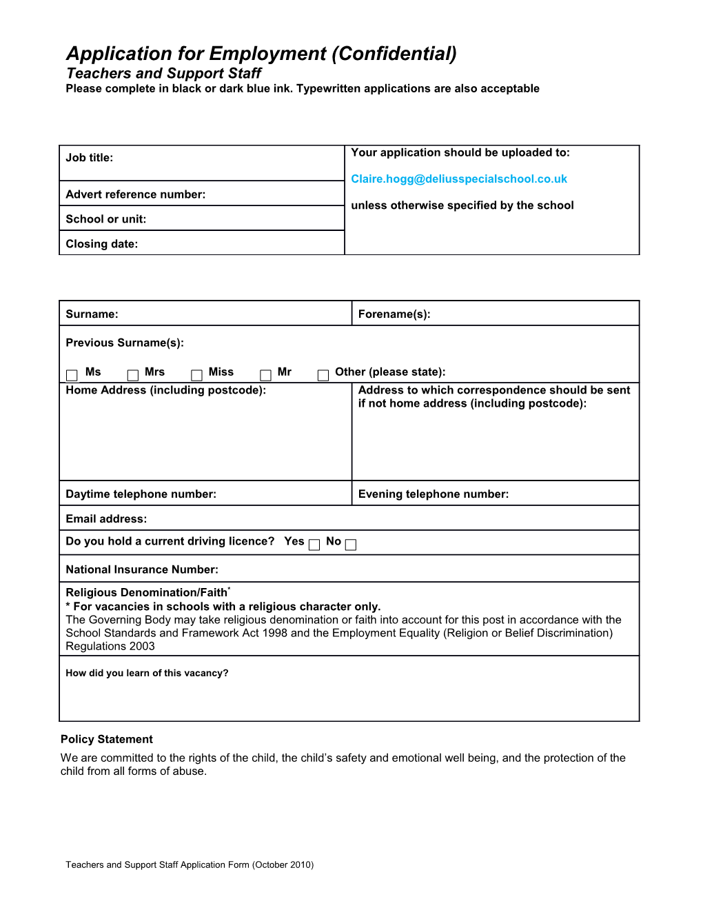 Application for Employment (Confidential)