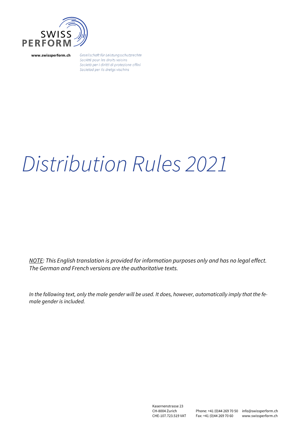 SWISSPERFORM Distribution Rules 2021