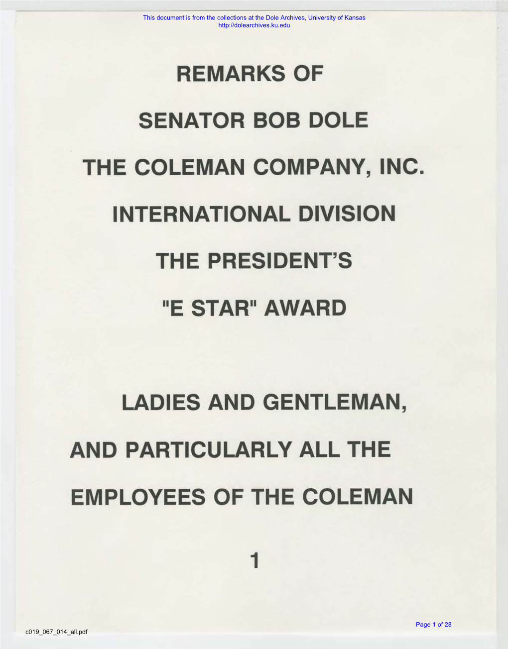 Remarks of Senator Bob Dole the Coleman Company, Inc