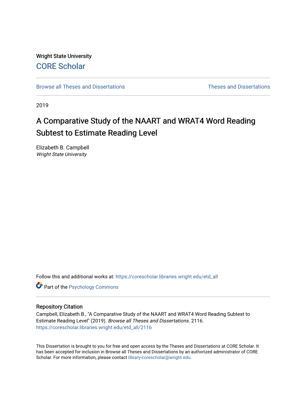 A Comparative Study of the NAART and WRAT4 Word Reading Subtest to Estimate Reading Level