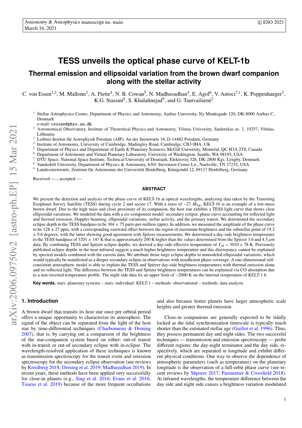 TESS Unveils the Optical Phase Curve of KELT-1B. Thermal Emission And