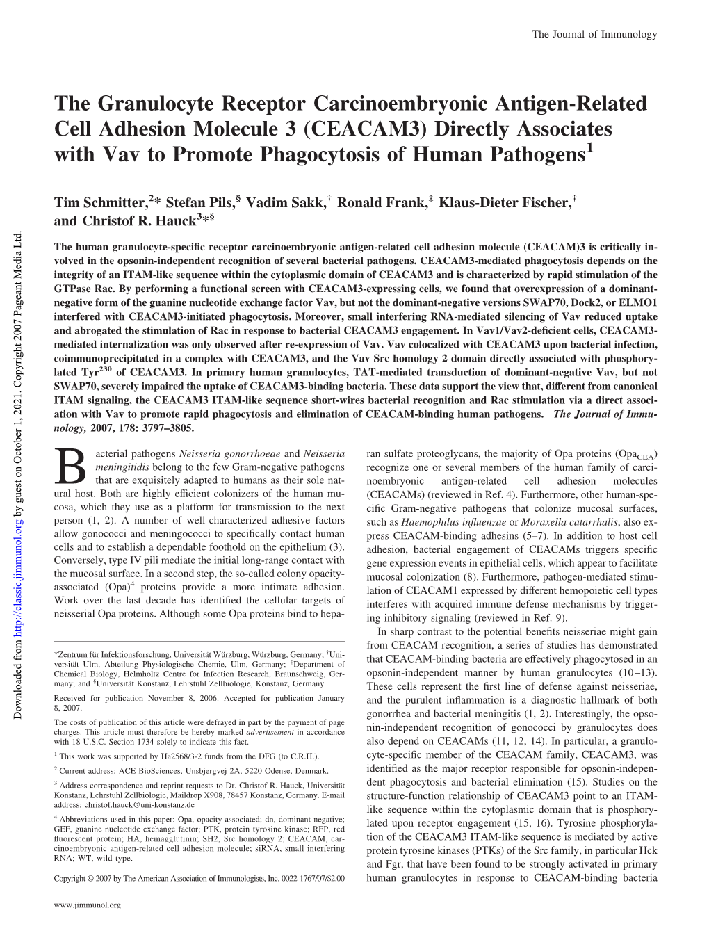 CEACAM3) Directly Associates with Vav to Promote Phagocytosis of Human Pathogens1