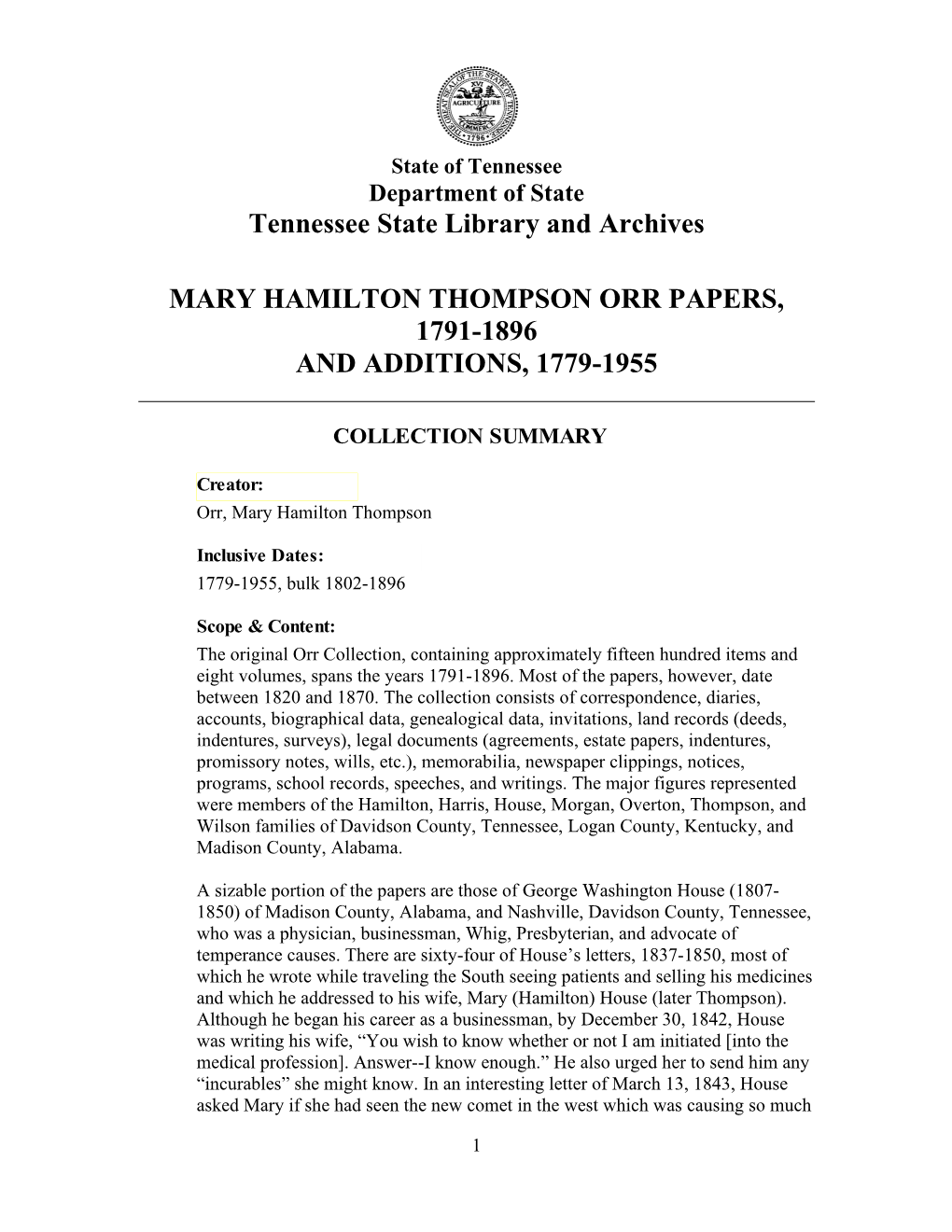 Tennessee State Library and Archives MARY HAMILTON THOMPSON