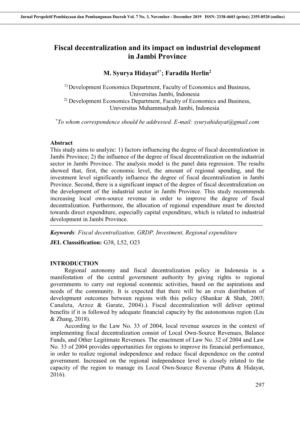 Fiscal Decentralization and Its Impact on Industrial Development in Jambi Province