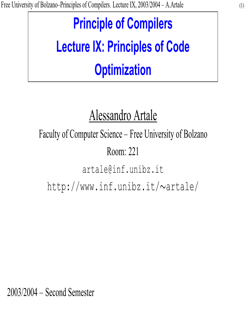 Principles of Code Optimization Alessandro Artale