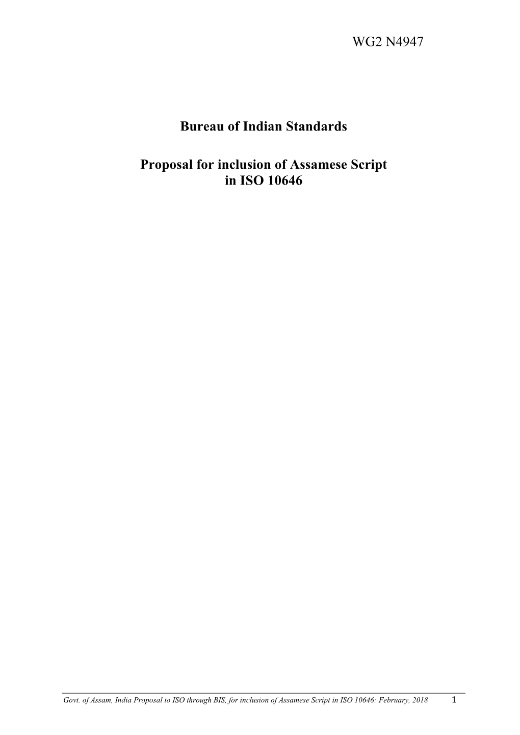 Bureau of Indian Standards Proposal for Inclusion of Assamese Script In