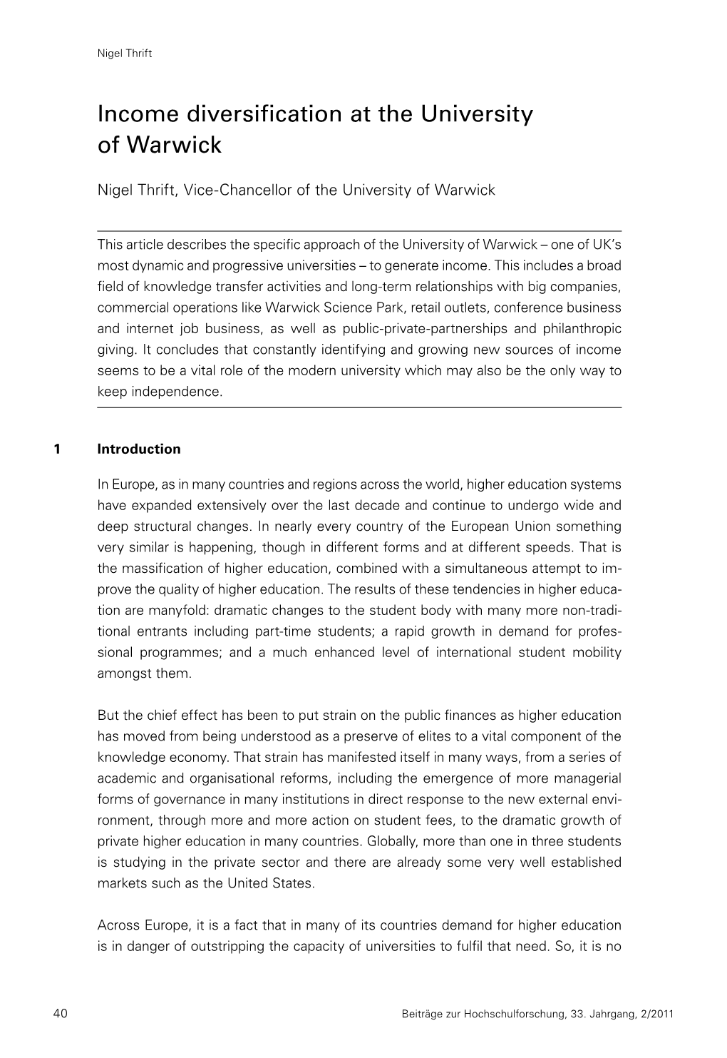 Income Diversification at the University of Warwick