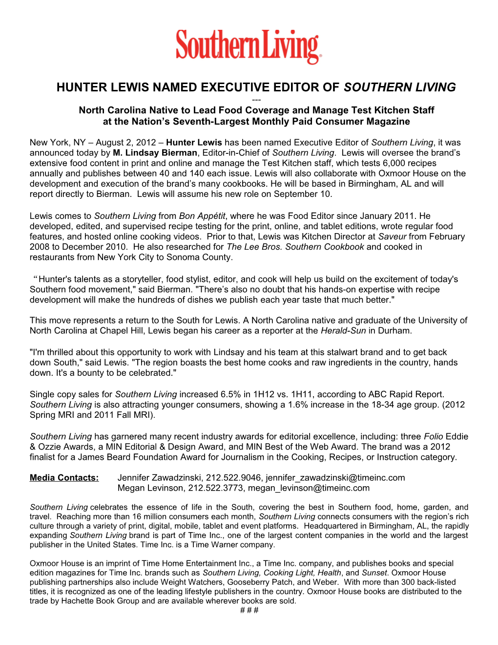 Hunter Lewis Named Executive Editor of Southern Living