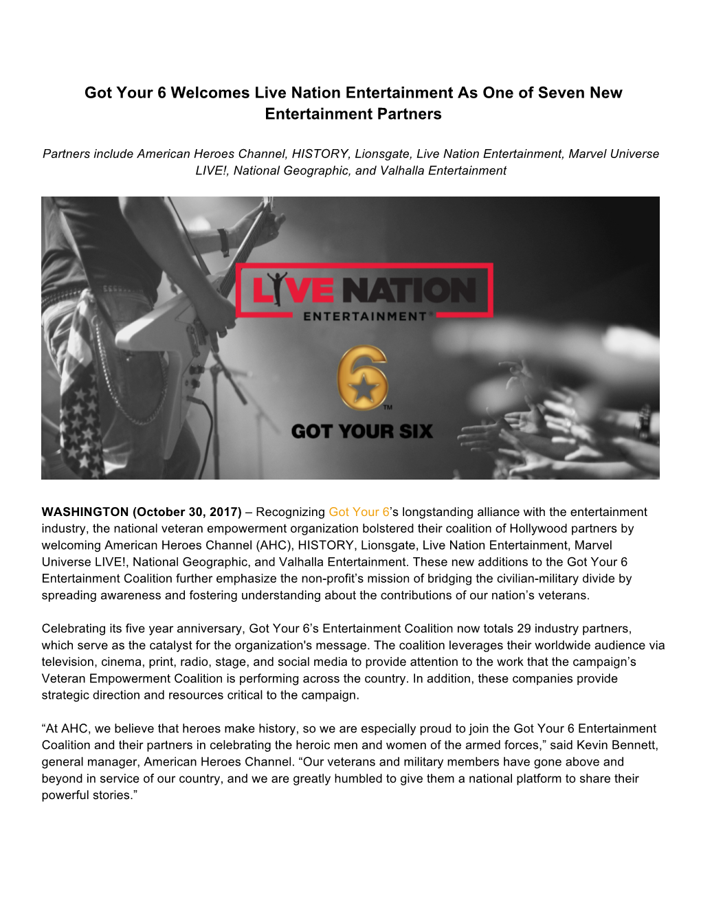 Got Your 6 Welcomes Live Nation Entertainment As One of Seven New Entertainment Partners