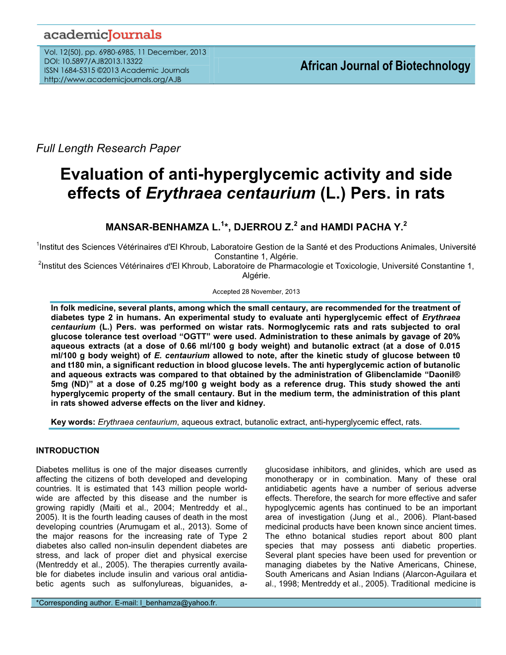 Evaluation of Anti-Hyperglycemic Activity and Side Effects of Erythraea Centaurium (L.) Pers