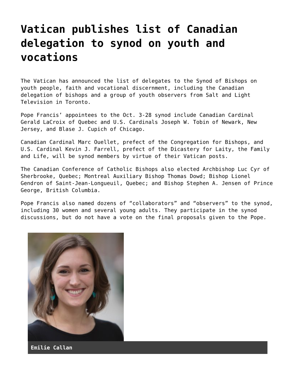 Vatican Publishes List of Canadian Delegation to Synod on Youth and Vocations