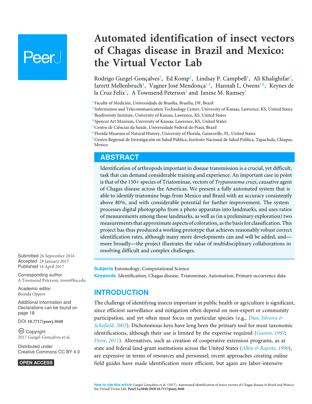 Automated Identification of Insect Vectors of Chagas Disease in Brazil and Mexico: the Virtual Vector Lab