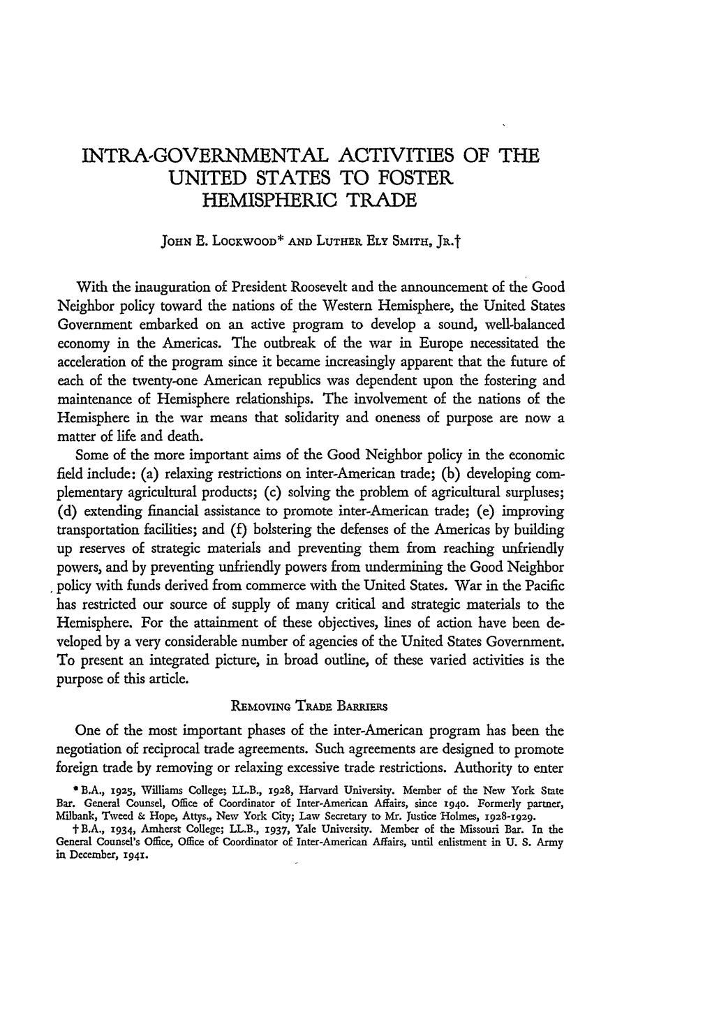 Intra-Governmental Activities of the United States to Foster Hemispheric Trade