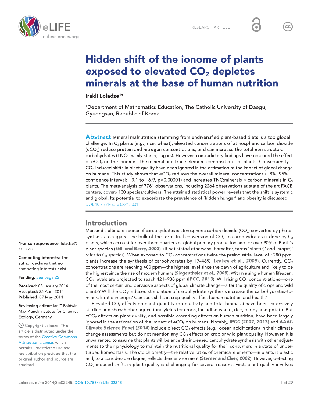 Hidden Shift of the Ionome of Plants Exposed to Elevated CO2 Depletes