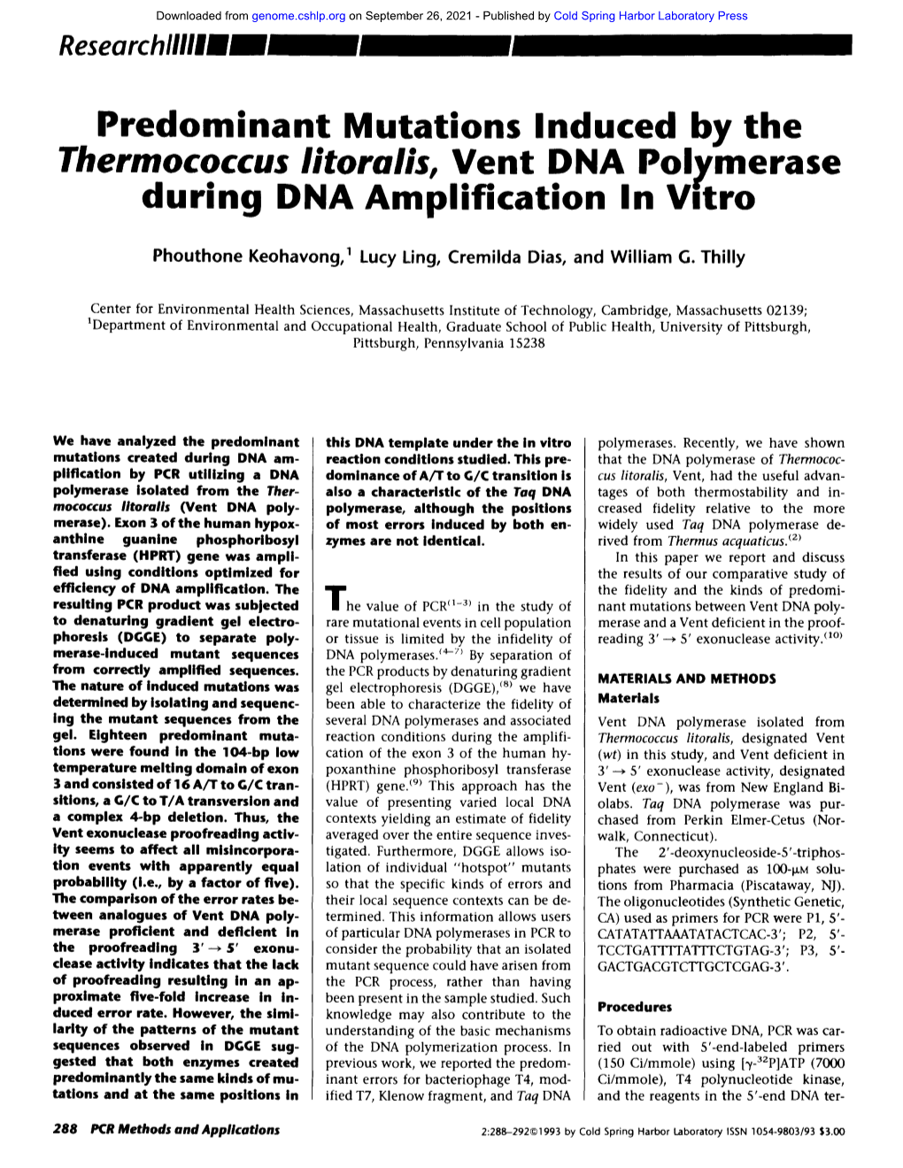 Thermococcus Litorali$, Vent DNA Polymerase During DNA Amplification in Vitro