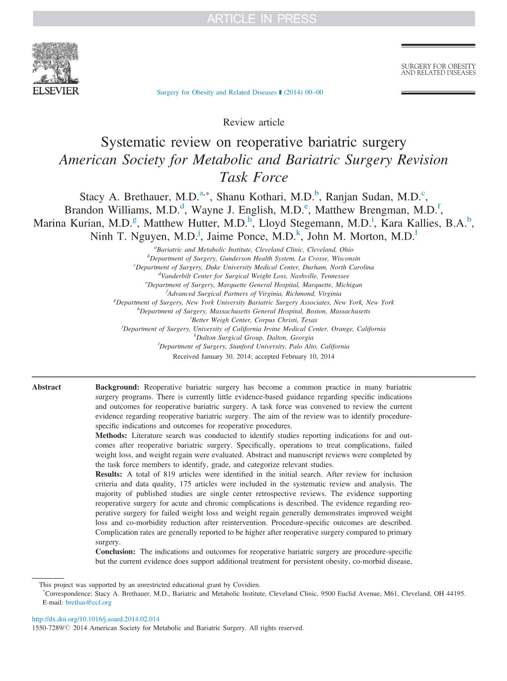 Systematic Review on Reoperative Bariatric Surgery American Society for Metabolic and Bariatric Surgery Revision Task Force Stacy A