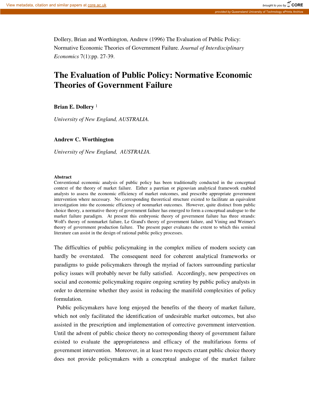 The Evaluation of Public Policy: Normative Economic Theories of Government Failure