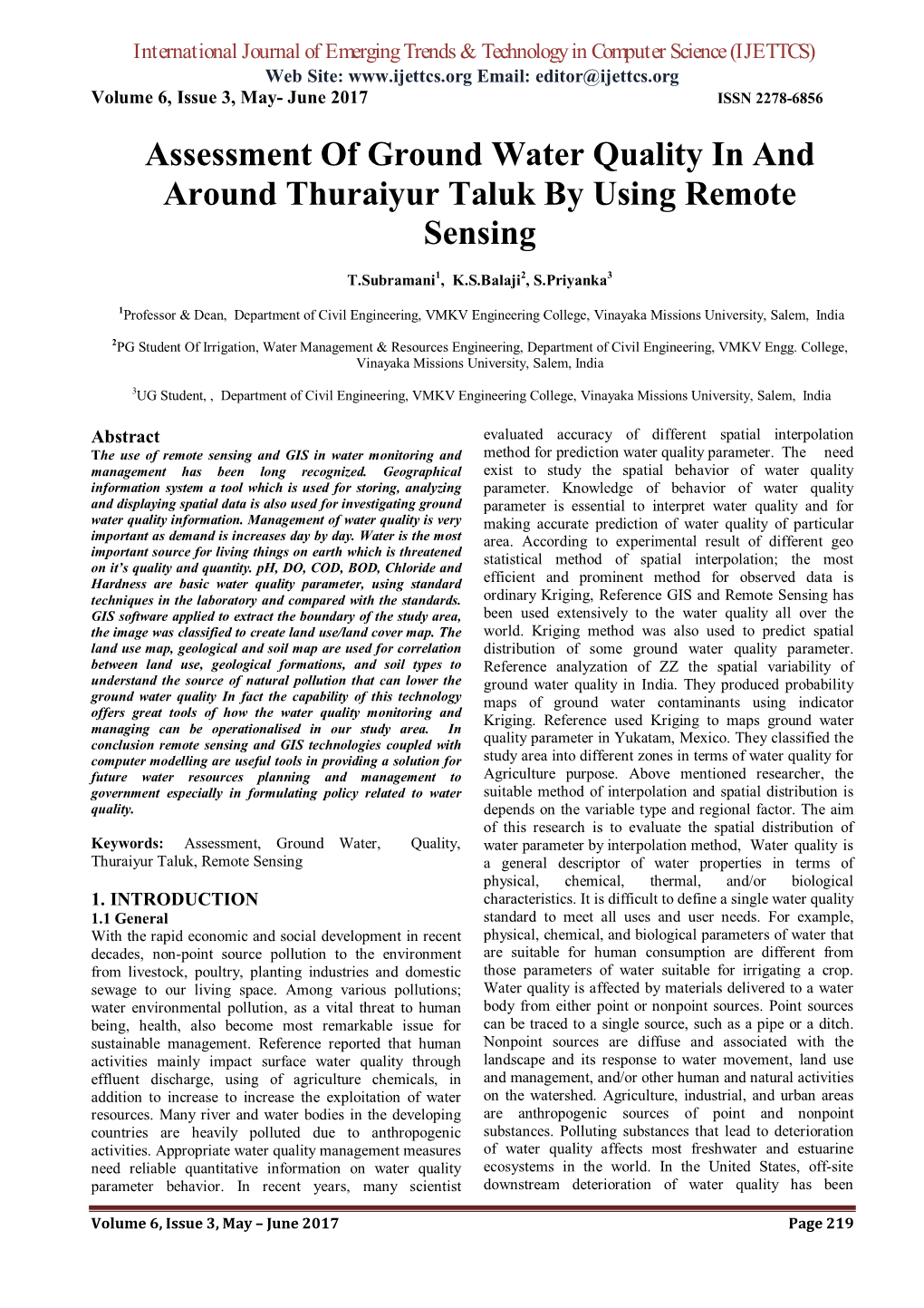 Assessment of Ground Water Quality in and Around Thuraiyur Taluk by Using Remote Sensing