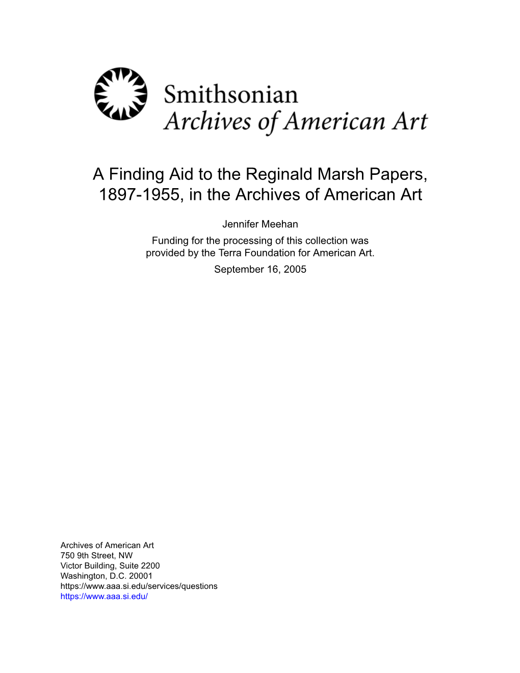 A Finding Aid to the Reginald Marsh Papers, 1897-1955, in the Archives of American Art