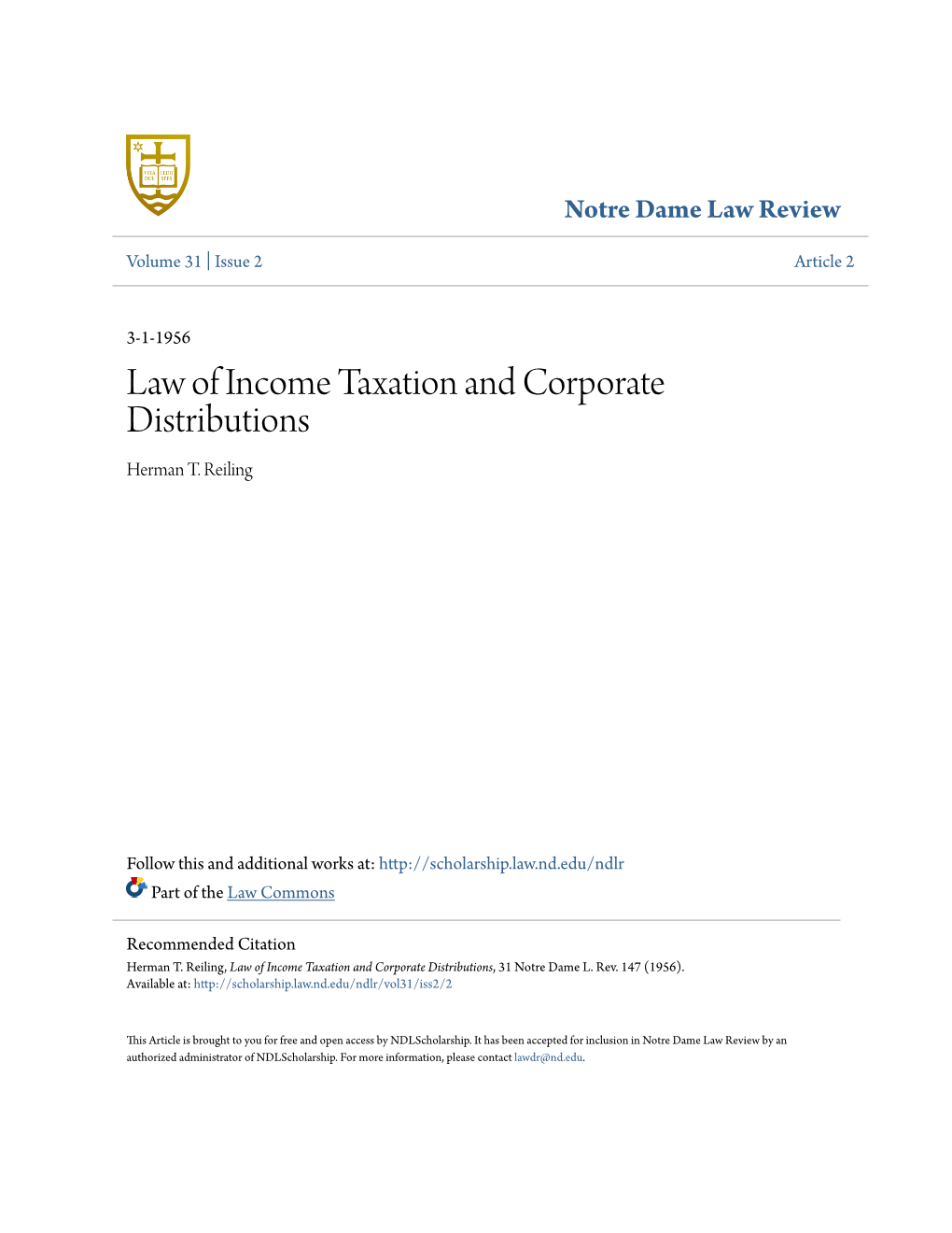 Law of Income Taxation and Corporate Distributions Herman T