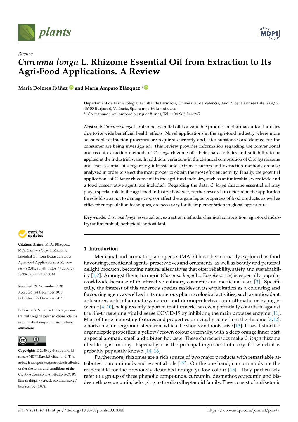 Curcuma Longa L. Rhizome Essential Oil from Extraction to Its Agri-Food Applications