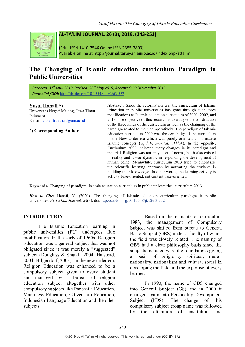 The Changing of Islamic Education Curriculum Paradigm in Public Universities