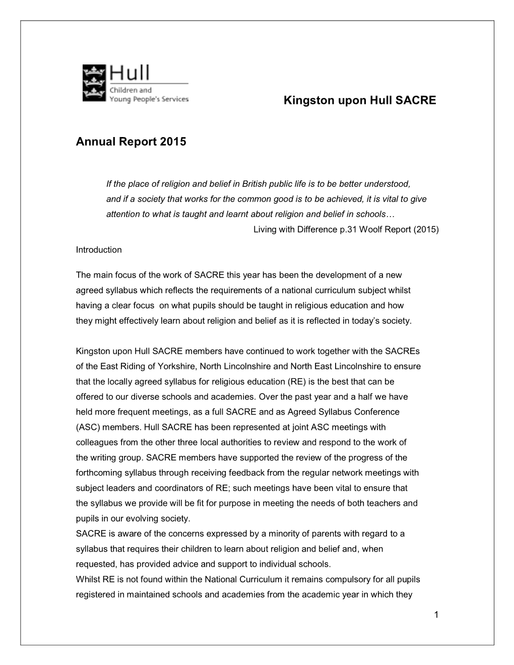 Kingston Upon Hull SACRE Annual Report 2015