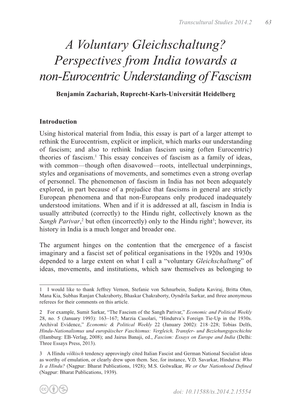 A Voluntary Gleichschaltung? Perspectives from India Towards a Non-Eurocentric Understanding of Fascism