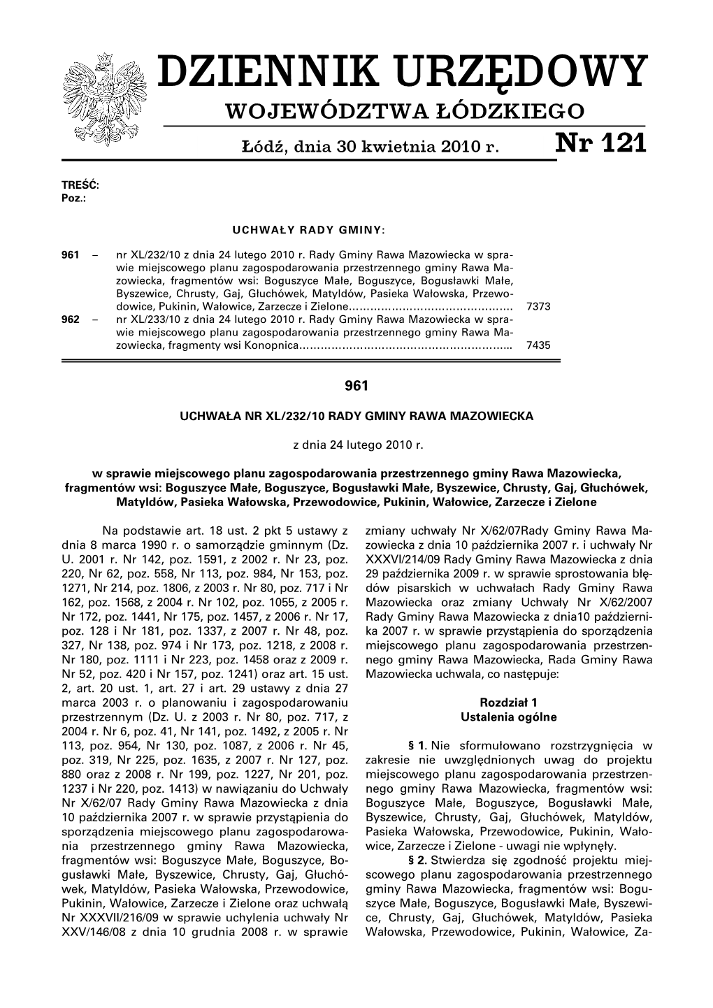 DZIENNIK URZĘDOWY WOJEWÓDZTWA ŁÓDZKIEGO Łódź, Dnia 30 Kwietnia 2010 R