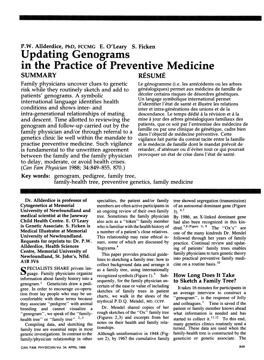 Updating Genograms in the Practice of Preventive Medicine SUMMARY RESUME Family Physicians Uncover Clues to Genetic Le Genogramme (I.E