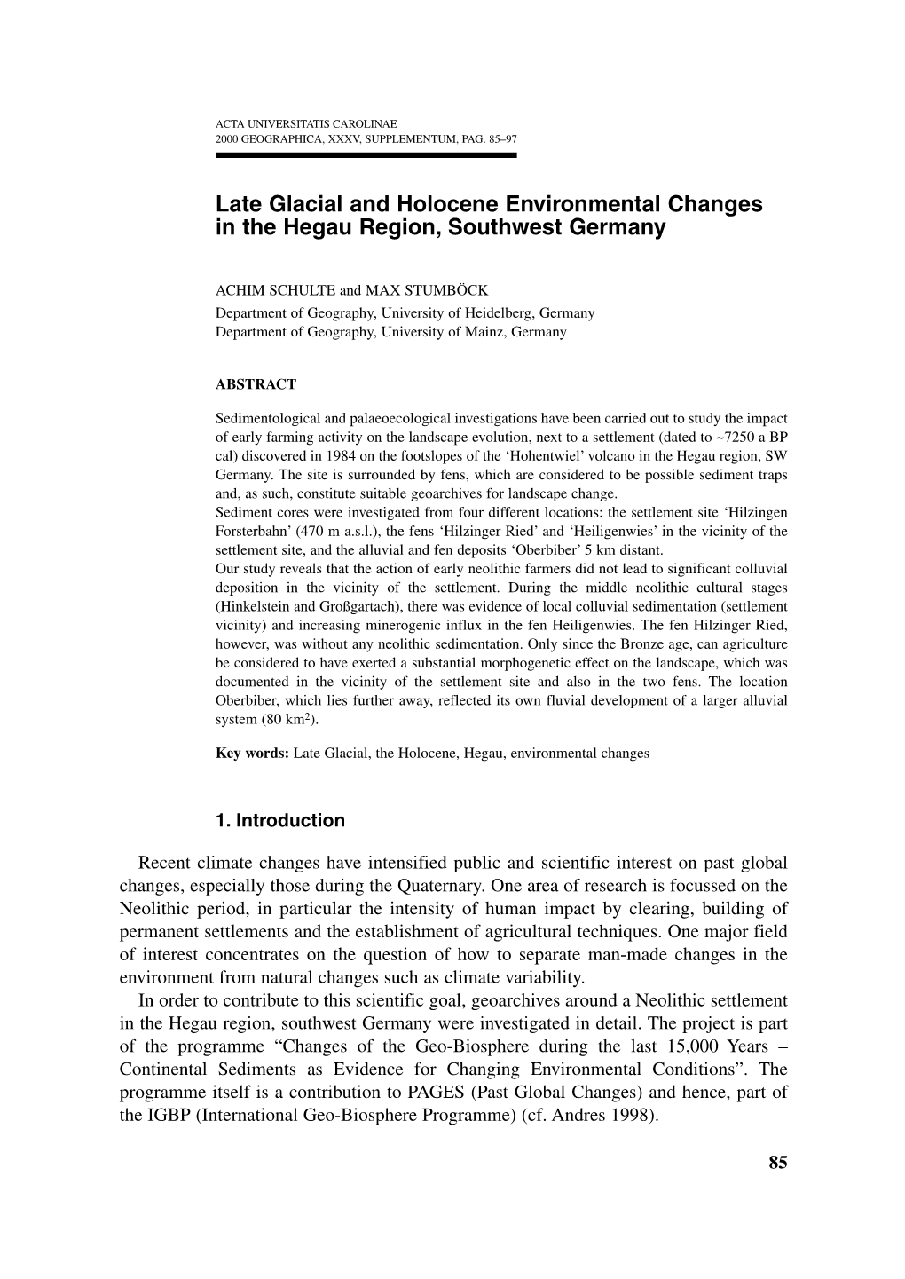 Late Glacial and Holocene Environmental Changes in the Hegau Region, Southwest Germany