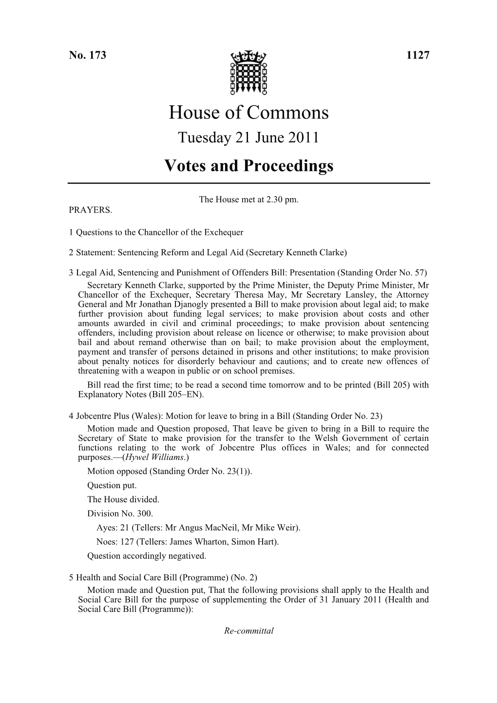 House of Commons Tuesday 21 June 2011 Votes and Proceedings
