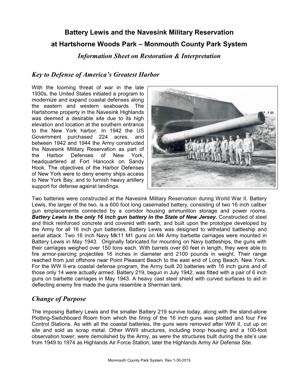 Battery Lewis and the Navesink Military Reservation at Hartshorne Woods Park – Monmouth County Park System Information Sheet on Restoration & Interpretation