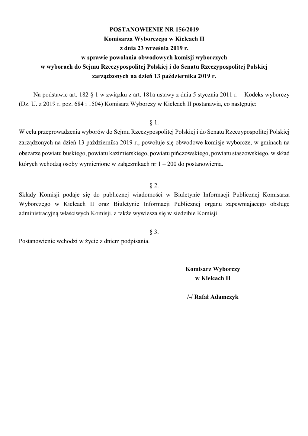 POSTANOWIENIE NR 156/2019 Komisarza Wyborczego W Kielcach II Z Dnia 23 Września 2019 R
