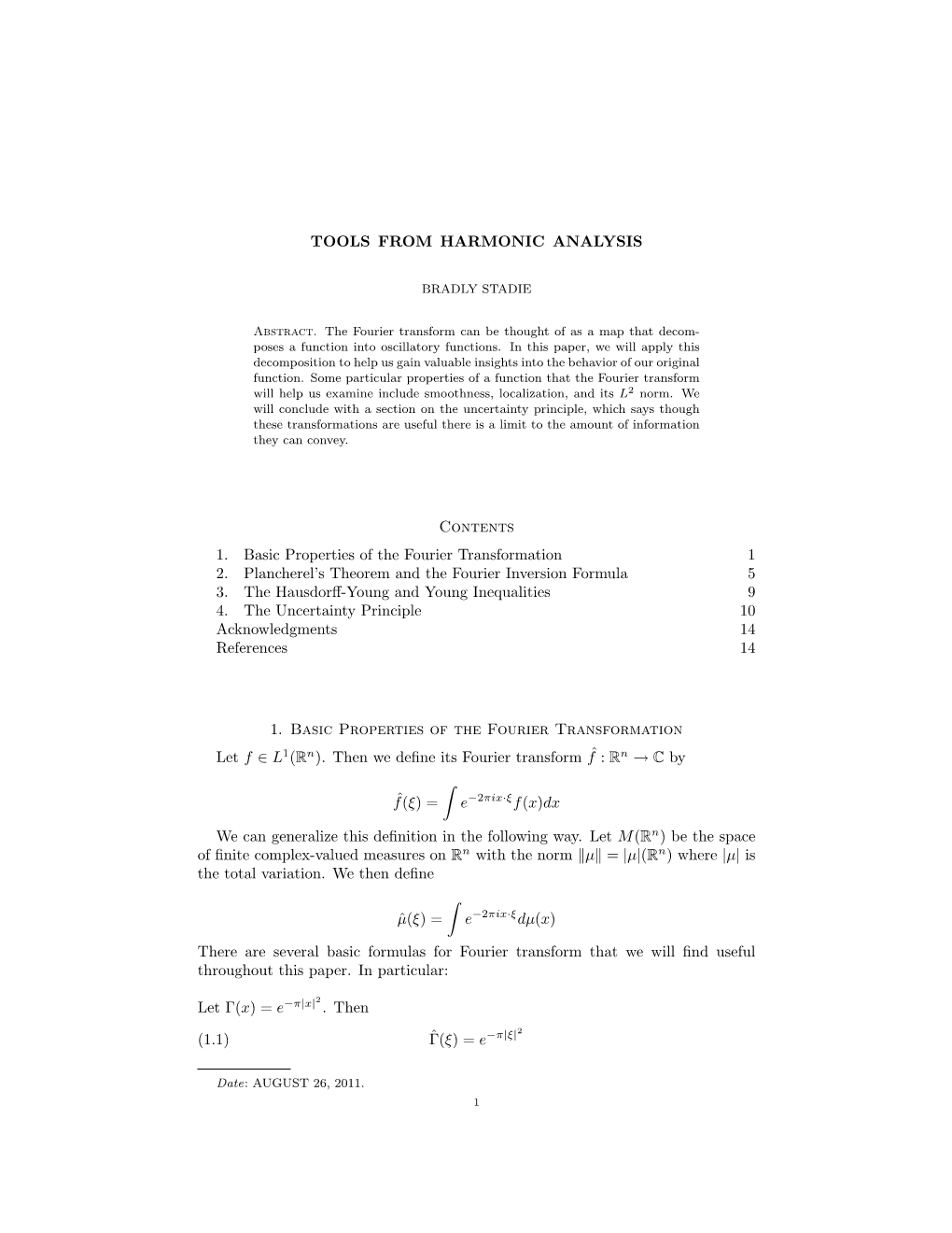 Tools from Harmonic Analysis