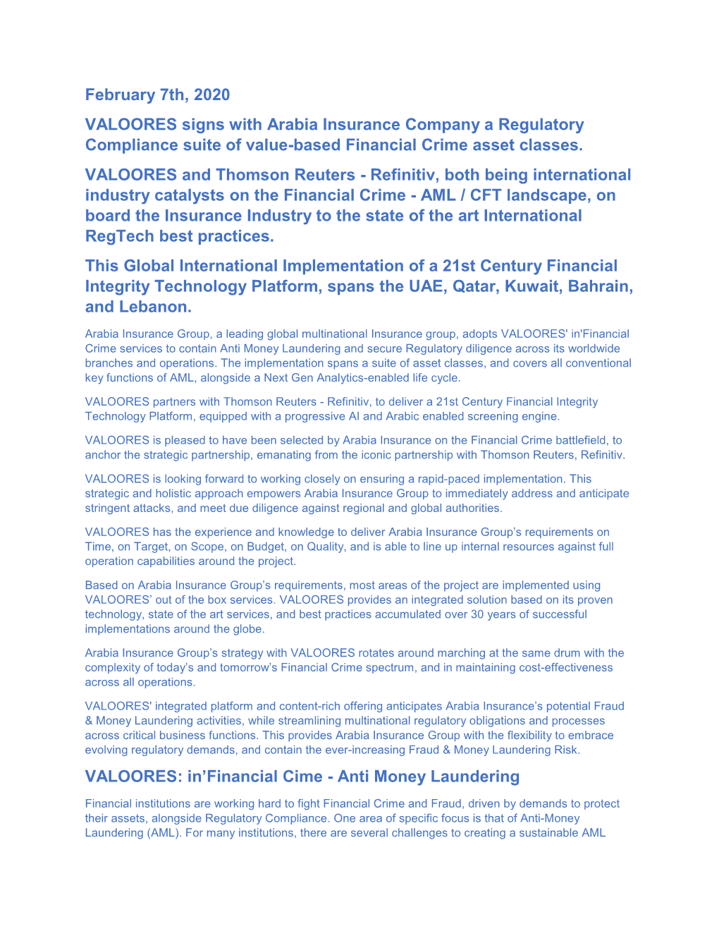 VALOORES Signs with Arabia Insurance Company a Regulatory Compliance Suite of Value-Based Financial Crime Asset Classes