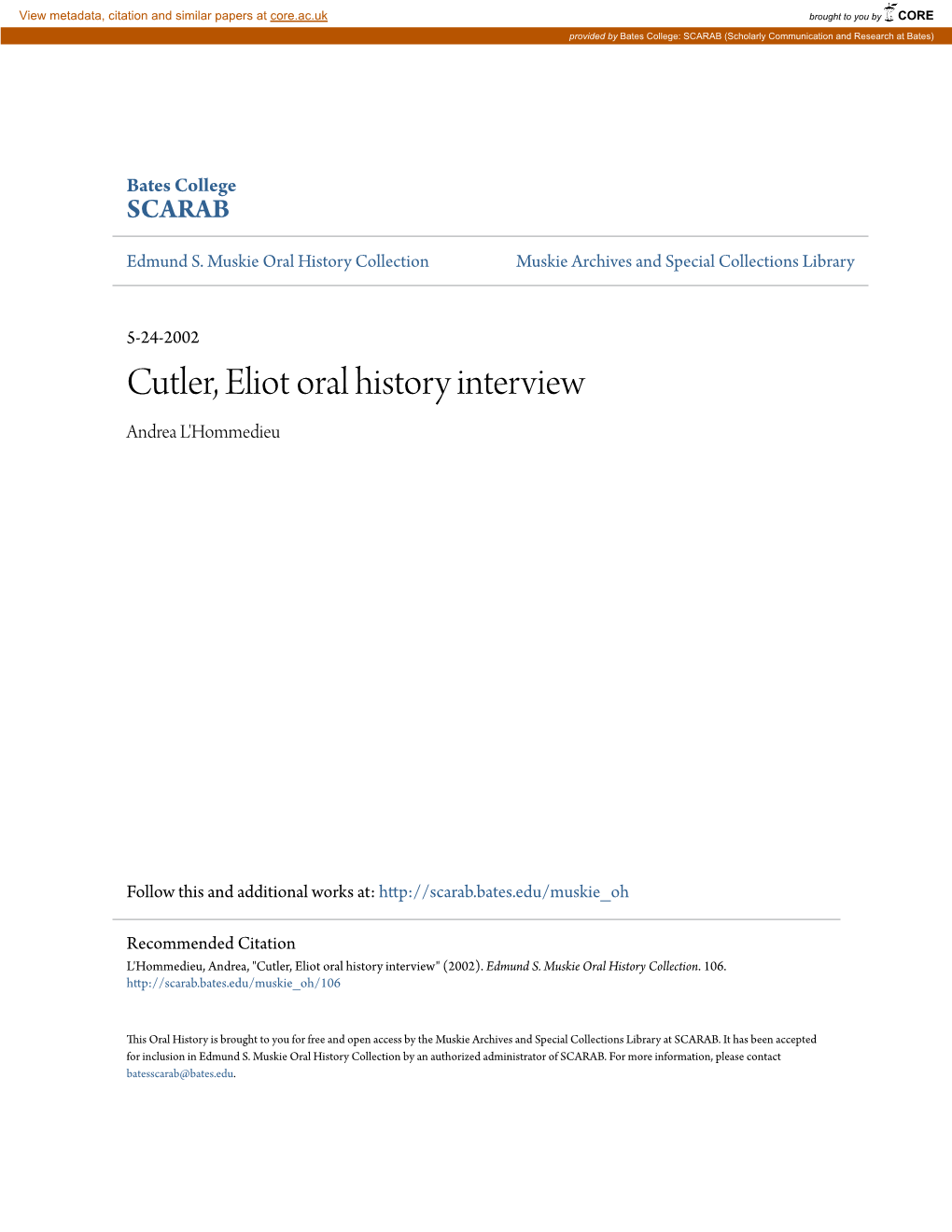 Cutler, Eliot Oral History Interview Andrea L'hommedieu